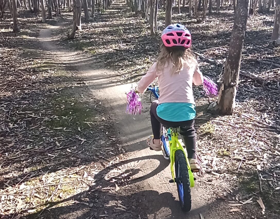 Little girl rides through the trees with pink helmet and streamers on her bars